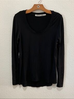 Michael Stars Black Long Sleeve Scoop Neck Top with Studded Cuffs